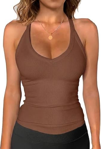 Imily Bela Canottiera estiva da donna, con scollo a V, a coste, slim fit, marrone, L
