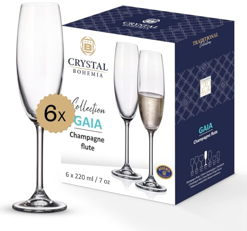 Crystal Bohemia Champagnerflöten - 6er Set, je 220 ml, spülmaschinenfest, kratzfest, langlebig & elegant - Hochwertige Gläser aus Kristallglas - Ideal als Geschenk für Sektliebhaber