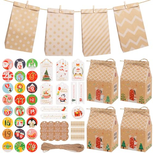 CIRULLI Calendario Adviento Rellenable, 24 Piezas Bolsa Calendario de Adviento con Pegatinas de Números, Clips de madera, Etiquetas y Cuerda de Cáñamo, Calendario Advientos DIY para Decoración Navidad