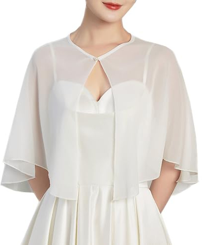 Hybursky Women Chiffon Cape Shawl, Elegant Pearl Buckle Capelet Open Front Shawl and Wrap for Evening Dress, Sheer Cardigans Wedding Bridal Shoulder Cover Up Sun Protection Poncho Short Coat (White)