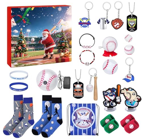 Jul baseboll advent för pojkar, 24 dagar sporttillbehör - sport strumpa fyllare nedräkningskalender | för barn tonåringar entusiaster spelare samlare högtidssäsong familjesammankomster tema även