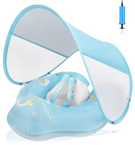 WYRIAZA Salvagente Neonato con Parasole, Adatto a Bambini dai 3 ai 36 Mesi (1-3 Anni), Ciambella Neonato mare con Protezione UV UPF 50+, Salvagente Bambino, Gonfiabile Mare (Blu, S(3-12 mesi))