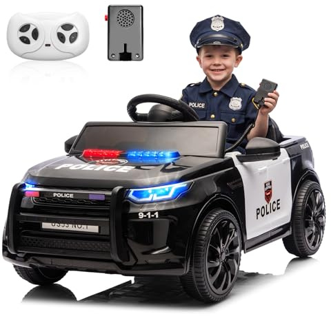 Electric Cars for Kids, 12V Police Car Ride on Toy w/Remote Control, Speaker, Warning Light, Music & Horn, Headlights, Spring Suspension, Gift for Kids Toddlers 3-8, Black