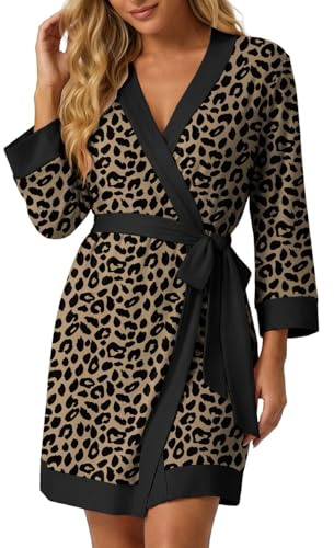 PrinStory Accappatoio da donna corto, maniche a 3/4, kimono, con scollo a V, vestaglia da sauna casual, XL