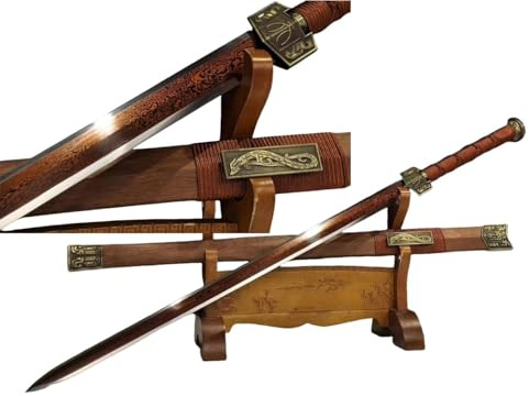 Chinese Han Jian Sword – Hand-Forged Damascus Steel Octahedron Red Blade, Full Tang Battle Ready with Rosewood Scabbard for Martial Arts & Collectors