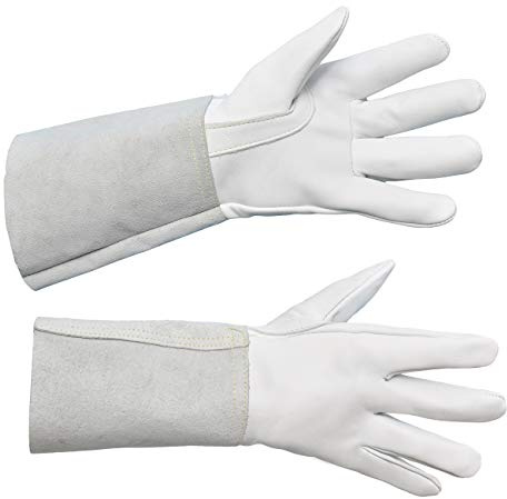 ABTW Schweißhandschuhe 1 Paar - Premium Ziegenleder mit Splitledermanschette mit verbesserter Beweglichkeit, ausgezeichnetem Grip | Geeignet für WIG/MIG-Schweißen/Gartenarbeit/Gartenarbeit (Weiß, Groß