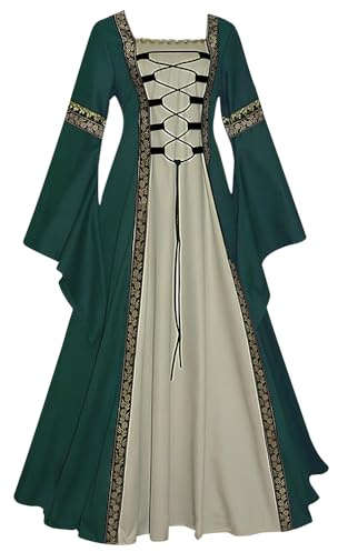 Feynman - Abito medievale retrò, stile gotico da palazzo, da donna, maniche a tromba, costume per festa rinascimentale, Verde, XL