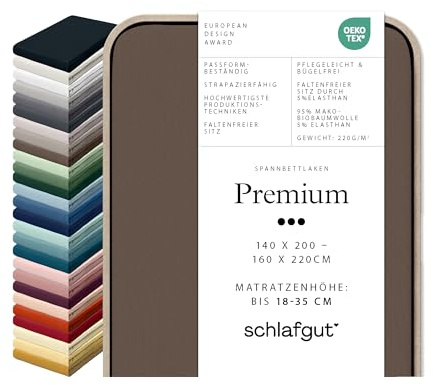 Schlafgut Premium Spannbettlaken 95% Mako Bio Baumwolle & 5% Elasthan Made in Green by Oeko Tex (140x200cm bis 160x220cm Matratzenhöhe von 18 bis 35 cm, Sand Deep)