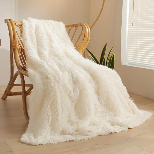 XeGe Luxuriöse Flauschige Couchdecke Sofa Kuscheldecke, warme winterliche Felldecke, hochwertige Kunstpelz Decke, zottelige Plüschdecke, 130x150 cm pelzige Wohndecke für Couch, Beige