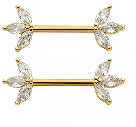 Pierced Owl 14GA 316L Stainless Steel Triple CZ Crystal Marquise Ends Nipple Barbells, Sold as a Pair (Gold Tone/Clear)