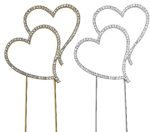 2 adornos para tartas en forma de corazón, adornos para tartas con diamantes de imitación, adornos para tartas personalizados para fiesta de cumpleaños, boda, día de San Valentín (oro, plata)