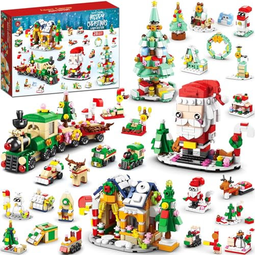 YeahBoom Adventskalender julgran byggklossset, 24 dagars hemlig låda nedräkningspresent, 24 stycken adventskalendrar, leksaker, jultomte renar, byggklotsset, adventspresenter för barn