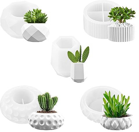 Povxlum 5 stampi in silicone per calcestruzzo, stampi per vasi di fiori in resina, stampi in silicone, stampi per vasi di fiori fai da te per piante grasse