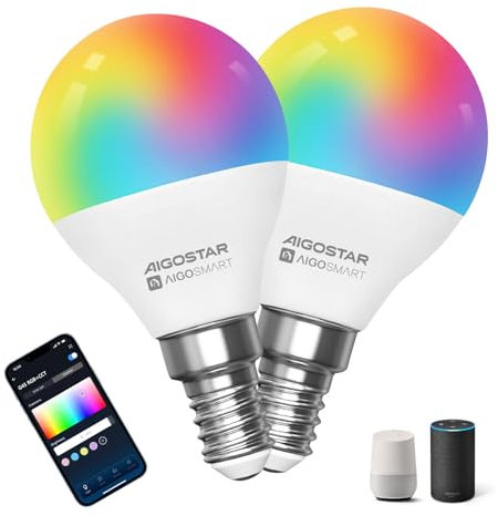 Aigostar Lampadine Alexa, Lampadine Wifi G45 E14 6.5W, Lampadina Smart RGBCW Compatibile con Alexa/Google Home, Nessun Hub Richiesto. Funzionamento a Distanza, Controllo Vocale, 2 Unità.