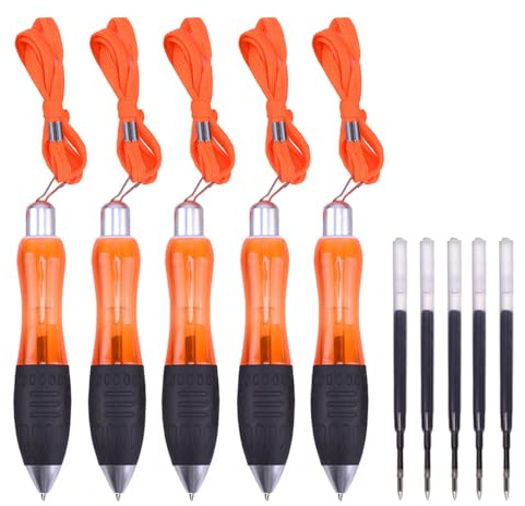 5 Stück Dicker Kugelschreiber, Druckkugelschreiber mit Schnur und Nachfüllungen, Schwarze Tinte Ergonomisch Kugelschreiber für Arthritis, Handzittern, Schwache Hand, Orange