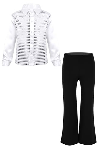 inlzdz Completi Hip Hop Jazz per Bambini Paillettes Button Down Camicia da Danza Classica T-Shirt + Pantalone per Ballo da Sala Danza Standard Latino Americano Bianco 7-8 anni
