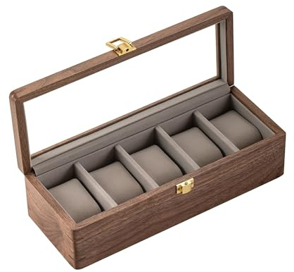 muso wood Watch Display Box, 5 Slot Watch Case for Men, Watch Organizer Box with Glass Lid, Watch Case with Removable Velvet Pillow, Father's Day Gift - 5 Slot, Walnut