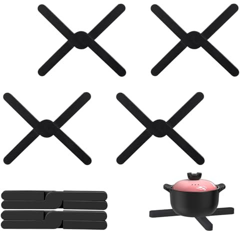 6 Stücke Silikon Topfuntersetzer, Zusammenklappbar Untersetzer Topf Hitzebeständig, Topfuntersetzer Silikon für Töpfe, Heiße Pfannen, Schalen (Schwarz)