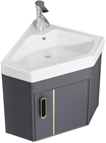 LYXWGRZD Handfat for badrum, keramiskt hörnhandfat, tvättställ med handfat, väggmonterat handfat i hörn, badrumshandfat i hörn med förvaringsbehållare(Gray,38cm/15in)