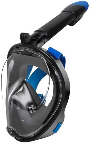 Jsdoin Schnorchelmaske Erwachsene Vollmaske,180-Grad-Sicht Tauchmaske mit Panorama-Vollgesichtsdesign,Sportkameras Kompatible Taucherbrille für Erwachsene und Kinder (Schwarz Blau, XS)