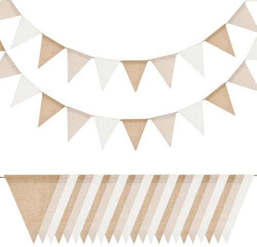 Bandierine da 8 m, 24 bandierine triangolari impermeabili per esterni, marroni e bianchi, in finta tela di lino, per interni, feste di compleanno, striscioni retrò per decorazioni per feste