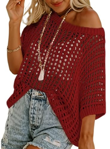 Maglione a maniche corte all'uncinetto top estivo da donna girocollo a maniche corte, pullover a maglia traforata copricostume da spiaggia, Rosso rosato, XX-Large
