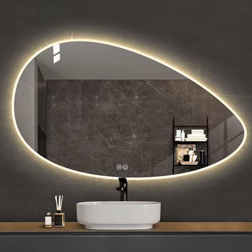 Espejo De Baño Asimétrico En Forma De Lágrima Con Iluminación LED De 3 Colores, Espejos Retroiluminado Sin Marco, Espejo Iluminado Regulable, Antivaho, Espejo De Pared Irregular(60x90cm(23.6x35.4in))