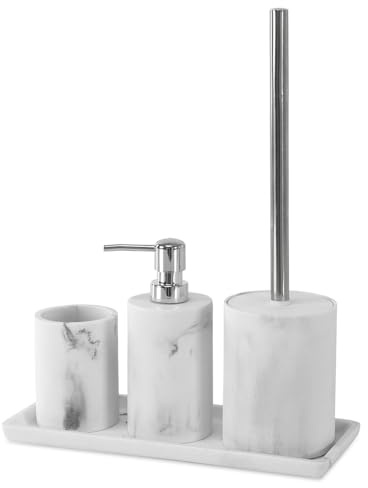 Set Accessori Bagno 4 Pezzi Lusso Linea Ivy Effetto Marmo Bianco Include Dispenser, Portaspazzolino, Portascopino E Vassoio In Resina Durevole
