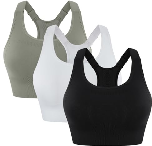 Leversic Top Palestra Donna Reggiseno Sportivo Donna con Spalline Larghe Regolabili Schiena Reggiseni Sportivi a Racerback Supporto Medio-Alto Running, Fitness, Yoga Nero+Bianco+Verde M