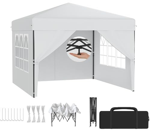 XMTECH Fällbar paviljong 2,5 x 2,5 m trädgårdspaviljong – 3-vägs justerbar höjd 2,4–2,6 m, installation med en knapp, paviljong UV-skydd, vattentät, stabil, 210D oxfordtyg – vit, med 4 sidodelar