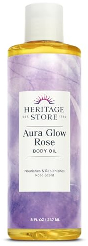 HERITAGE STORE Aura Glow Rose Body Oil, Luxurious Body Moisturizer for Dry Skin, Massage Oil, Bath and Shower Oil, Carrier Oil for Essential Oils and Aromatherapy, Rose Scent, 60-Day Guarantee, 8oz