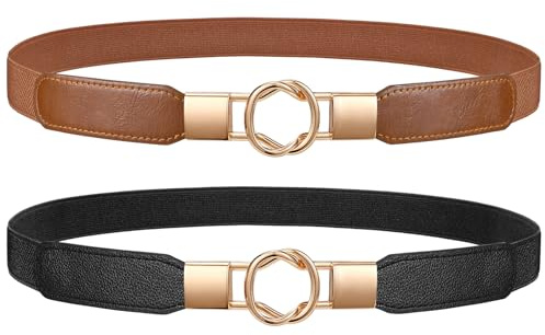JASGOOD Women's Skinny Elastic Waist Belt, Stretch Retro Waistband for Dress 2 Pack, Black/Brown, Fits waist 33-44