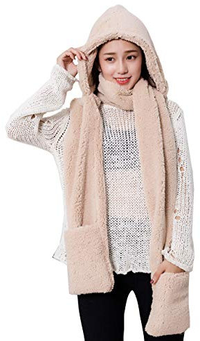 Cheerlife Damen Mütze Schal Handschuhe Set Fleece Schal mit Kapuze Kapuzenschal 3-in-1 Multifunktion Schal Mütze Handschuhe Mützenschal Geschenkset (Aprikose)