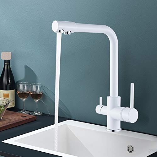 SUGU Grifo de alta presión de 3 direcciones, de agua potable, para cocina, 2 asas, giratorio en 360°, sistema de filtro, color blanco