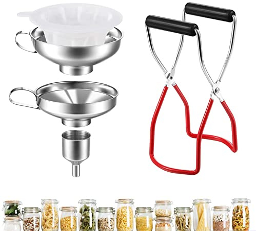 Tratt rostfritt stål, kök sylttratt, med glasburkar lyftare och 300 nätfilter för fyllning av kryddor, vätskor, bönor, konserveringsburkar | kök sylttallrik, rostfritt stål, 300 nätfilter, för fyllning av kryddor, vätskor, bönor, sylt