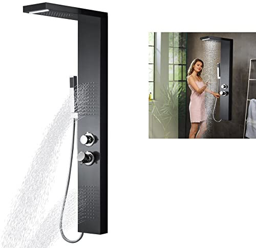 LZQ Pannello doccia a pioggia 304 in acciaio inox 304, asta doccia regolabile in altezza, 4 in 1 con termostato sistema doccia (pannello doccia nero) (nero)