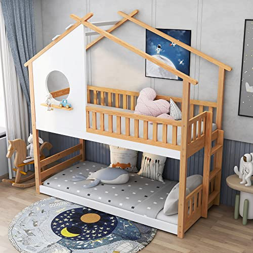 HESHU Hausbett mit Treppe & Fenster 200x90cm, Kinderbett mit Rausfallschutz und Lattenrost, Vielseitiges Kiefernholz Kinderbett Spielbett für Jungen & Mädchen - Massivholz Kinder Bett, ohne matratze