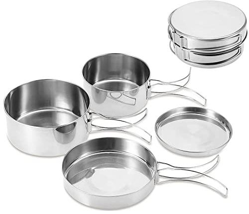 TourKing Lot de 4 ustensiles de cuisine de camping portables en acier inoxydable pour camping, pique-nique, extérieur compact, casserole, assiette, vaisselle pour randonnée, camping