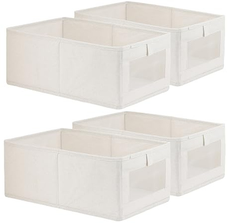 Fordonral 4 Pack Linen Storage Bins, Storage Containers for Organizing Clothing, Jeans, Toys, Books, Shelves, Closet, Wardrobe - Closet Organizers and Storage, Large Storage Boxes Baskets with Window