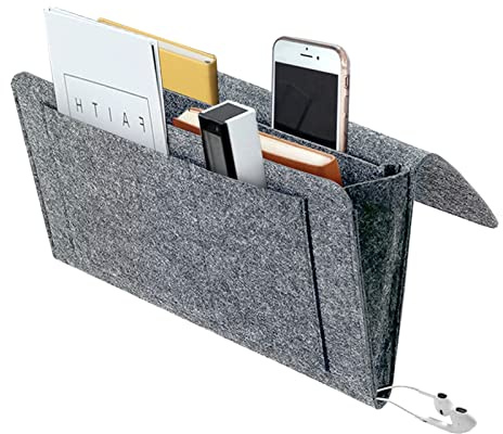 BOOWEN Bolsillo Organizador para Cama Fieltro Bolsa de Almacenamiento Sofá con 4 Bolso Organise de Mesita de Noche para Gafas,Teléfono, Remoto,Revistas (gris)