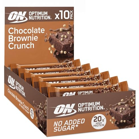 Optimum Nutrition Barras de Proteínas Brownie de Chocolate Crujiente, Sin Azúcares Añadidos, Para Llevar, Snack para Gimnasio Pre y Post Entrenamiento para Hombres y Mujeres, 10 x 65 g