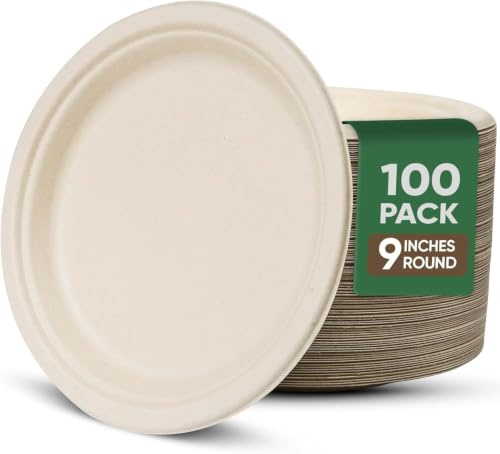 TaidMiao 9 inch Paper Plate Heavy Duty Disposable,100% Compostable,100 Pack