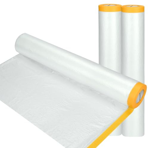3 Rolls 4M x 20M Plastic Dust Sheet for Decorating, Self-Adhesive Painting Drop Film, Waterproof & Tear Resistant Polythene Sheeting, Transparent Masking Film for Painting Furniture Floor Covering