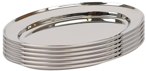 Argon Tableware 35 x 24cm Serving Platters - 6 Pack - Stainless Steel Chrome Dinner Tray Oval Plate Medium Appetizer Serving Dishes for Party, Events, Table Service, Snack Platters