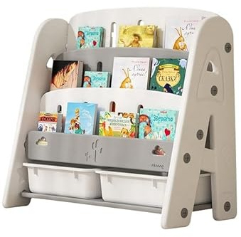 iZEL Kids Book Shelf Children's Bookcase Organizer-Sling Rack Book Case for Kid-3 Tier Childrens Bookshelf Reading Storage Box Gift for Baby Boys Girls Toddler Child Bed Study Room (Gray)