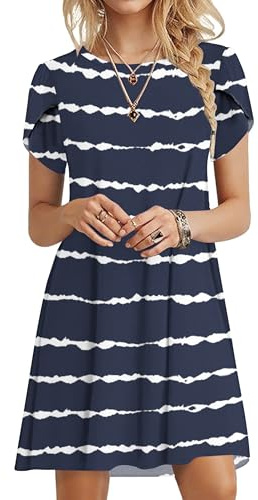 PLOKNRD Vestido Mujer Verano Manga de Pétalo, Escote Redondo - Tipo Camiseta Holgado y Versátil con Bolsillos(Rayas Onduladas Azules,2XL