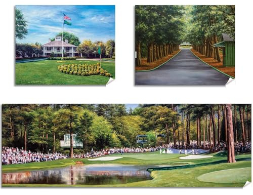 Redbud Hole 16 Panorama Augusta National Golf Club Magnolia Lane Founders Circle Golf Clubhouse, Masters tournament, 3 Three matte paper prints from oil paintings Pan3 (12x36 + (2) 11x14in Prints)
