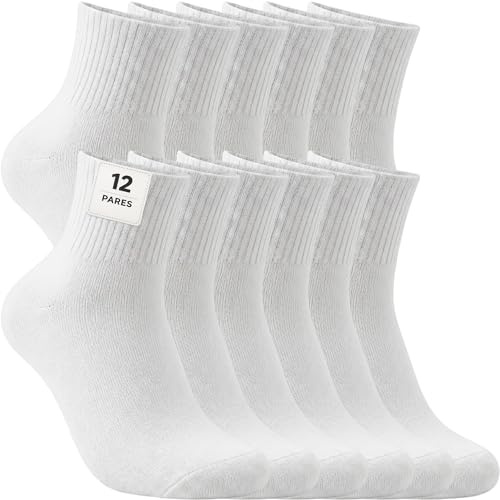 12 Pares Calcetines Deportivos Hombre Mujer – Pack Calcetines Media Caña Unisex para Running, Gimnasio, Tenis, Trabajo, Uso Diario – 85 % Algodón (FR/ES, Números, 40, 46, Regular, Regular, Blanco)