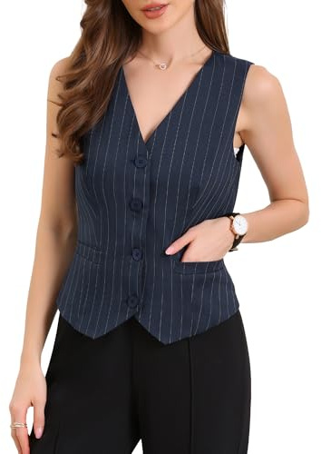 Allegra K Gilet Blazer Donna a Righe con Scollo a V e Bottoni Elegante e Completamente Foderato Blu Scuro S