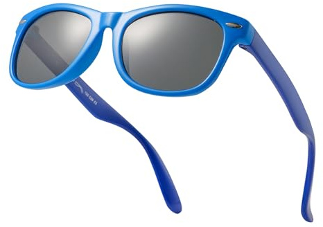Komonee Kids Flexible Sunglasses Polarized Blue Frames with Dark Blue Arms Silicone Drifter Classic Style Retro Sun Shades Eye Glasses UV400 Unisex For Boys and Girls Age 3-10